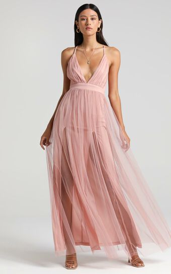 Like A Vision Plunge Maxi Dress in Blush Tulle