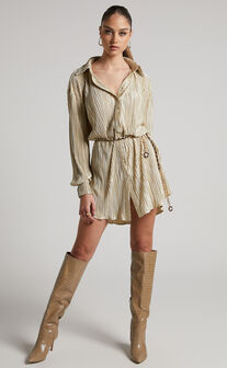 Beca Mini Dress - Crinkle Button Up Shirt Dress in Sand