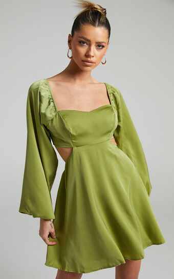 Dolci Side Cut Out Long Sleeve Mini Dress in Green