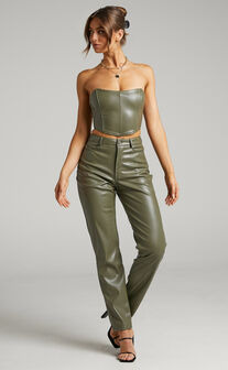 Lorrin Faux Leather Cropped Corset in Olive