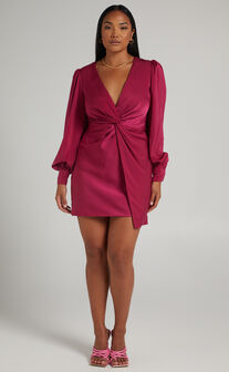 Billie Twist Front Mini Dress with Long Puff Sleeves in Mulberry