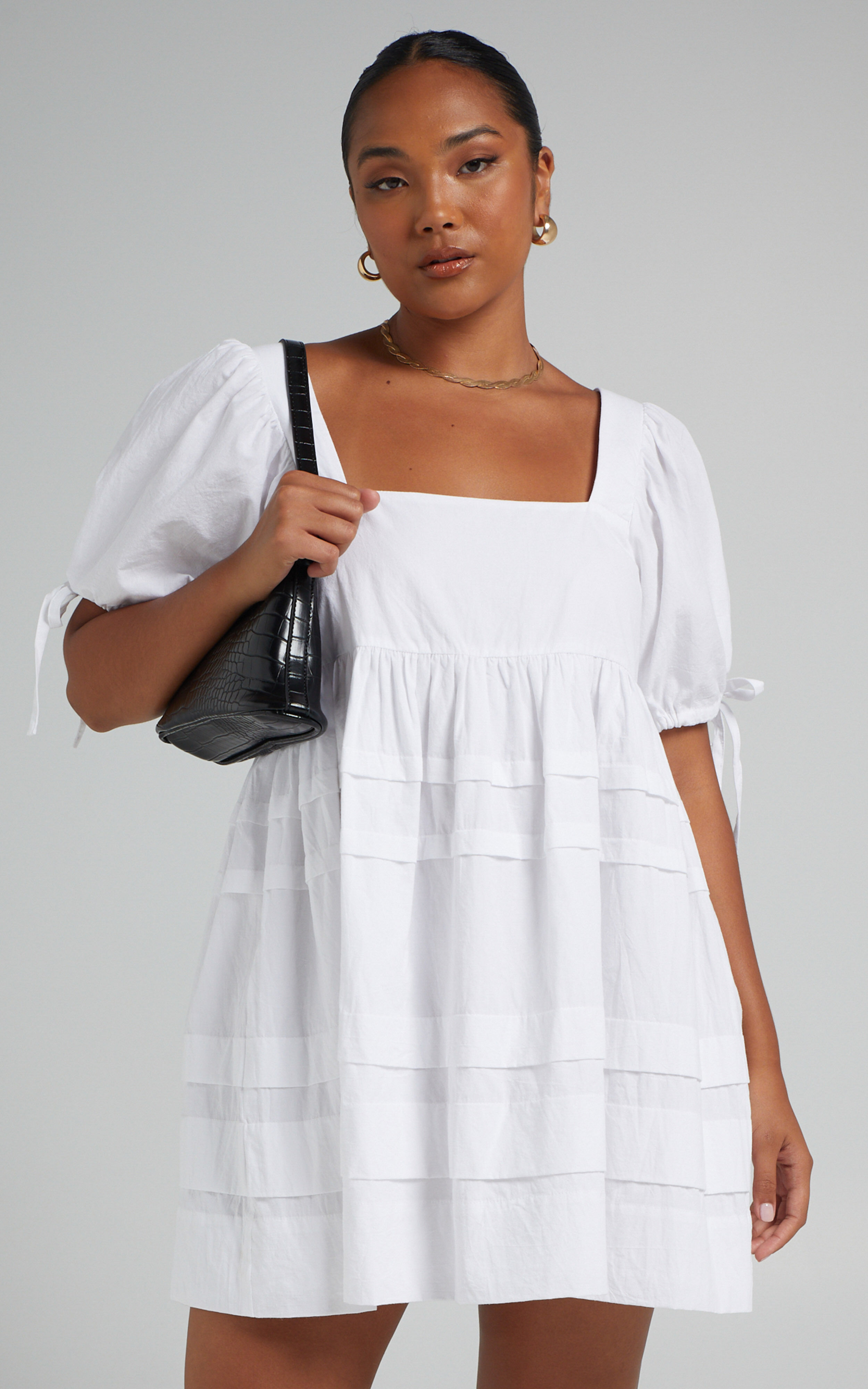 Eleua Pin Tuck Short Puff Sleeve Mini Dress in White - 04, WHT3, super-hi-res image number null