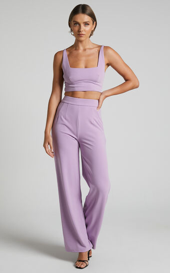 Elibeth Two Piece Set - Crop Top and High Waisted Wide Leg Pants Set in Lilac