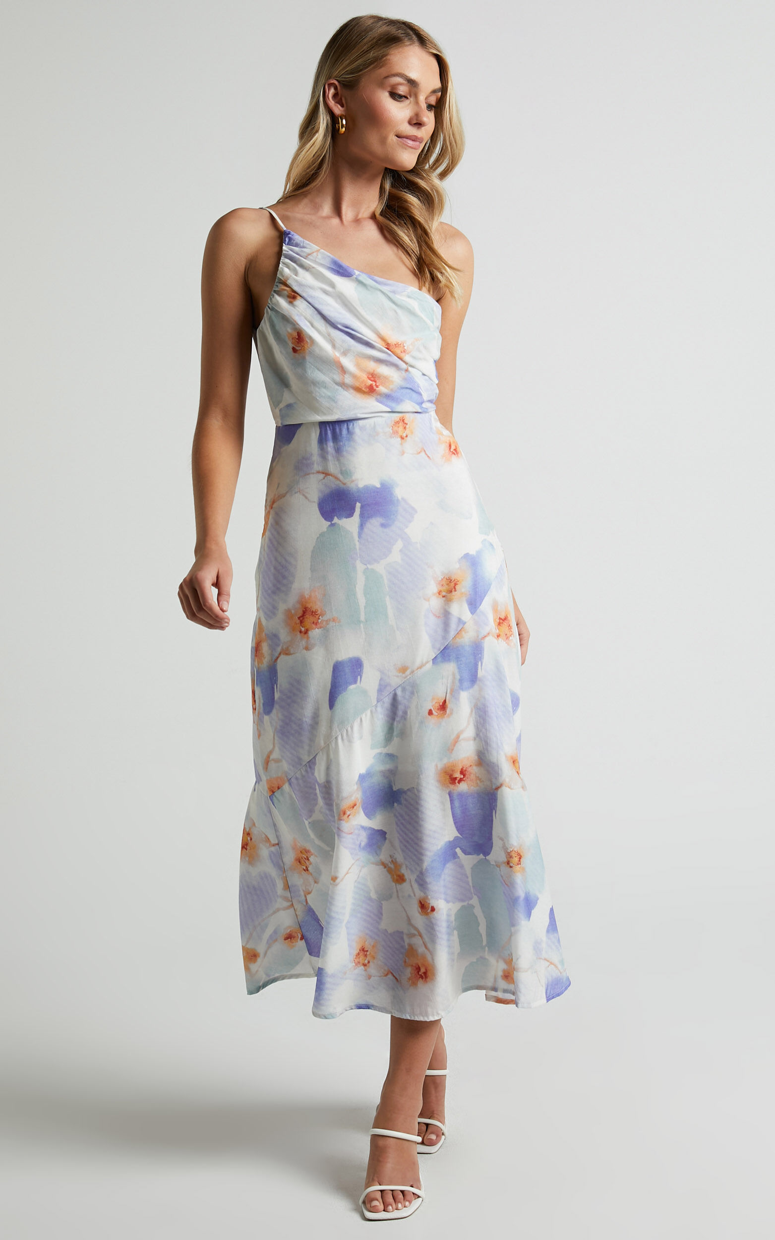 Alyssia Midi Dress - One Shoulder Ruched Satin Dress in Blue Floral ...