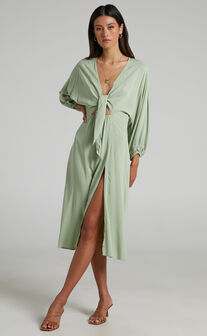 Tyricia Long Sleeve Tie Front Cut Out Midi Dress in Sage