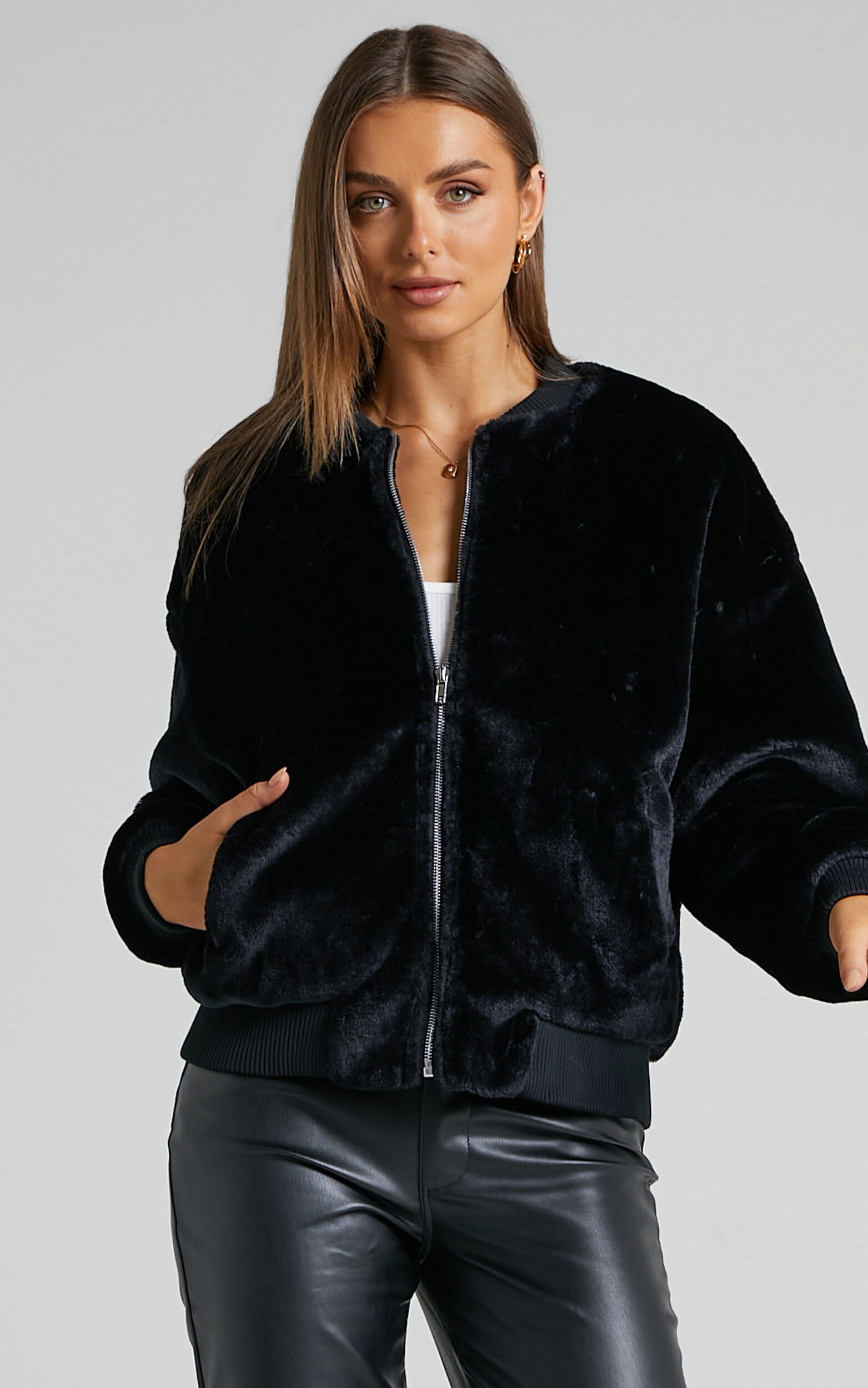 Black Faux Fur Reversible Bomber Jacket – Pretty Rugged, 44% OFF