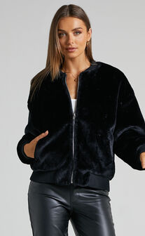 Mandy Faux Fur Bomber Jacket in Black