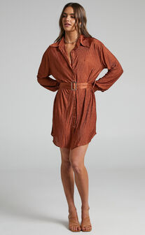 Rosamund Belted Button Up Crinkle Mini Shirt Dress in Clay