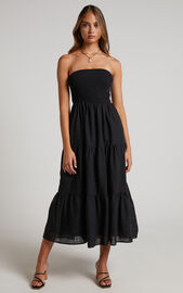 Zoe Midi Dress - Strapless Shirred Bodice Tiered Dress in Black ...