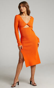 Irmia Twist Front Knit Midi Dress in Orange