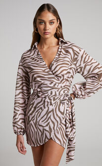 Aegir Mini Dress - Collared Long Sleeve Wrap Dress in Wild Zebra