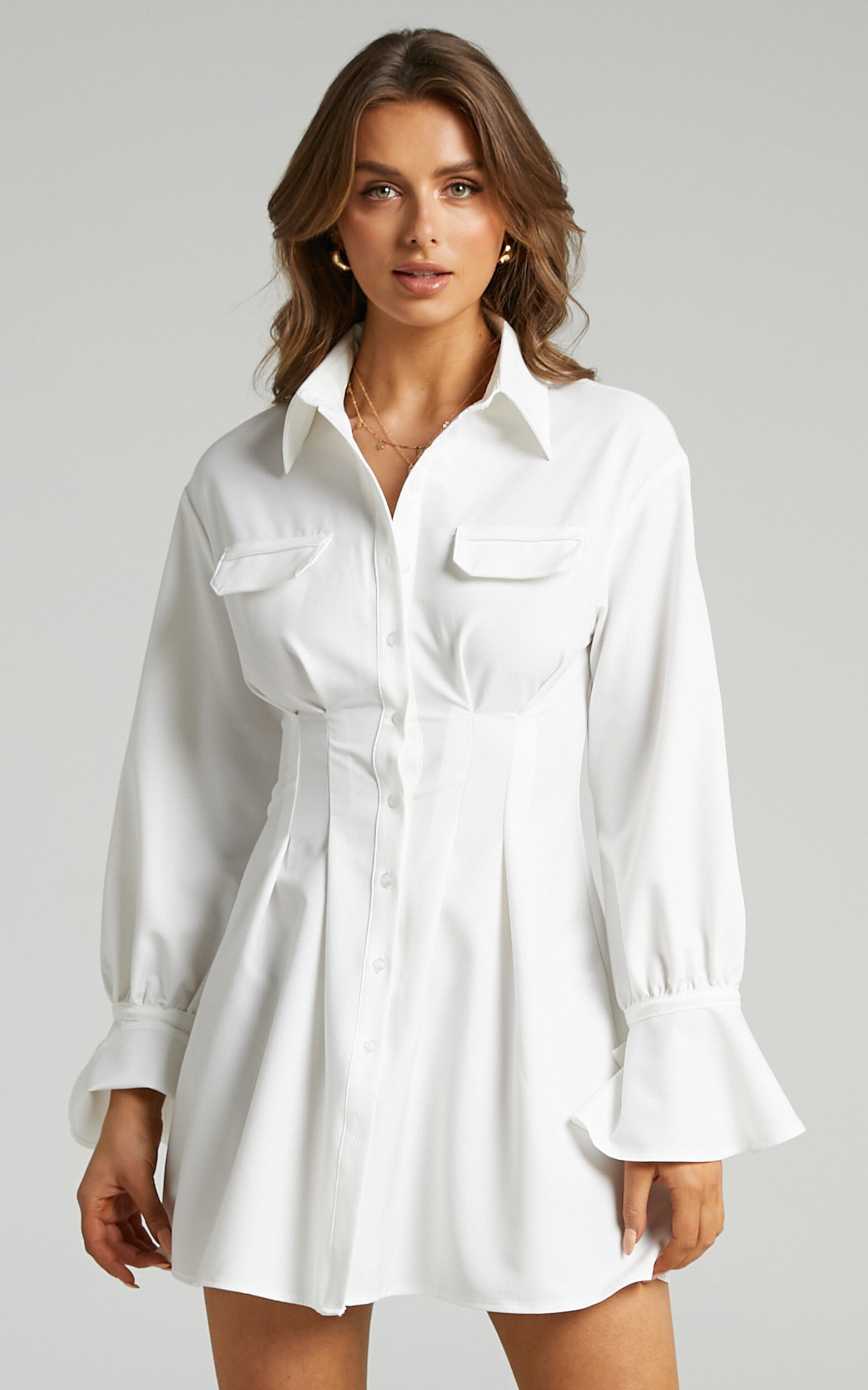 Romi Cuffed Long Sleeve Shirt Dress with Cinched Waist in White - 06, WHT1, super-hi-res image number null