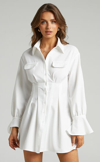 Romi Cuffed Long Sleeve Shirt Dress with Cinched Waist in White