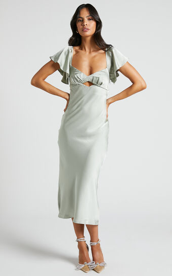 Emberlynn Midi Dress - Flutter Sleeve Cut Out Satin Dress in Sage