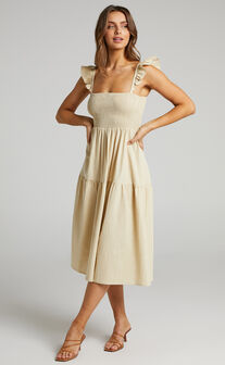 Angela Shirred Bodice Frill Strap Midi Dress in Cream
