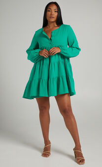 Amalia Long Sleeve Mini Smock Dress in Green