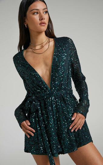 Ryrah Sequin Long Sleeve Plunge Neck Playsuit in Emerald