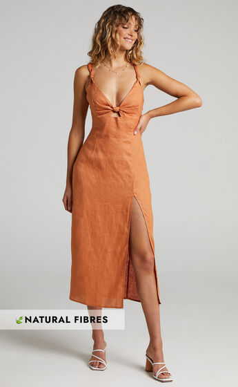 Amalie The Label - Octavia Knot Detail Cut Out Midi Dress in Rust