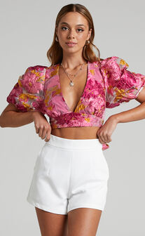 Brailey Puff Sleeve Crop Top in Pink Jacquard