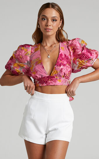 Brailey Puff Sleeve Crop Top in Pink Jacquard