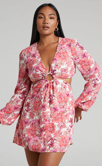 Geneve Ring Cut out Long Sleeve Mini Dress in Nylene Pink Floral