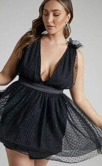 Mariabella Plunge Tulle Mini Dress in Black
