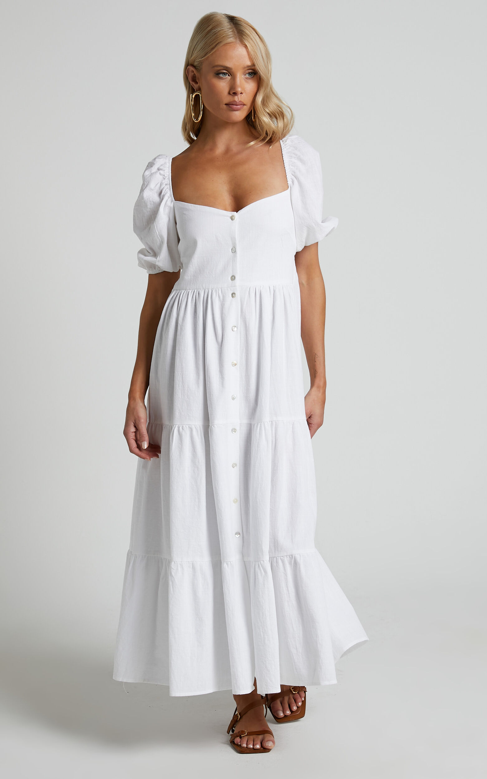 Palmer Midi Dress - Sweetheart Puff Sleeve Dress in White - 06, WHT1