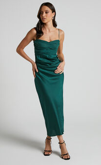 Glynn Midaxi Dress - Ruched Sweetheart Bodice Dress in Forest Green
