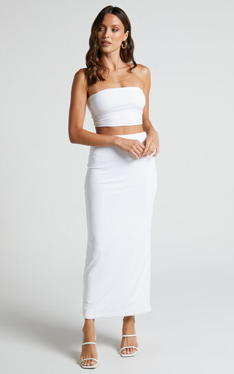 Alexavia Two Piece Set - Strapless Bandeau Top and Maxi Skirt in White