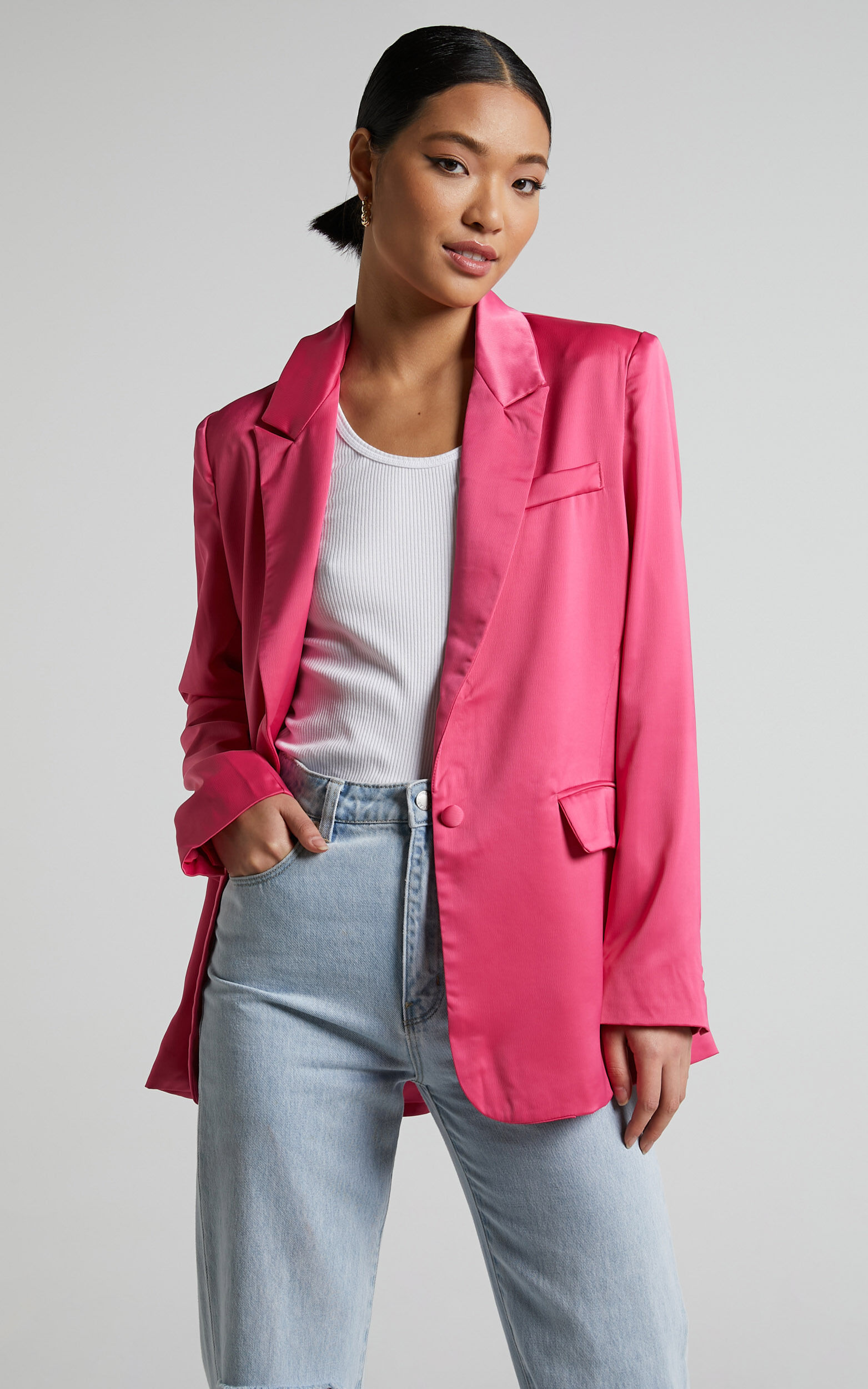 Jannie Blazer - Oversized Plunge Button Up Blazer in Pink - 04, PNK1, super-hi-res image number null