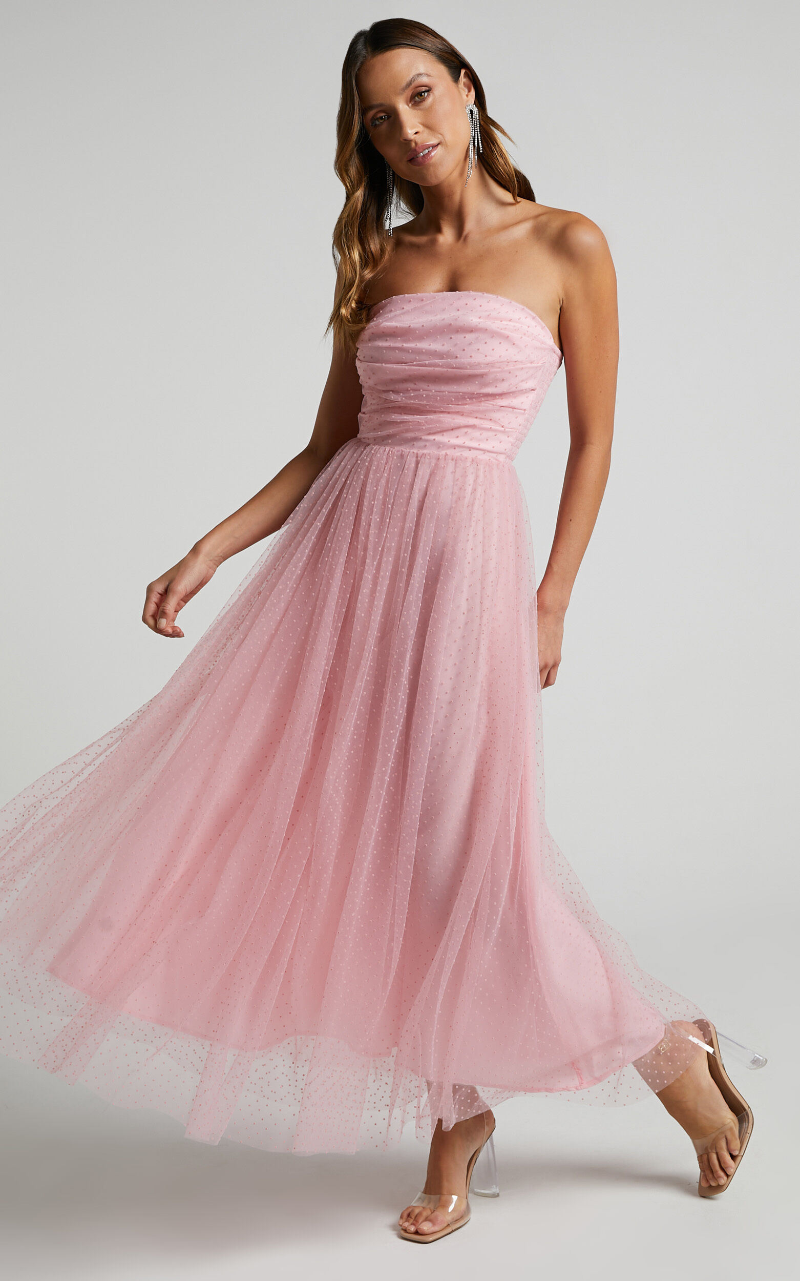 Jesslou Strapless Ruched Bodice Tulle Midi Dress in Pale Pink - 04, PNK1, super-hi-res image number null