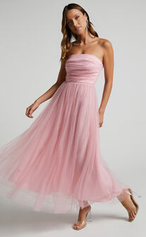 Jesslou Strapless Ruched Bodice Tulle Midi Dress in Pale Pink
