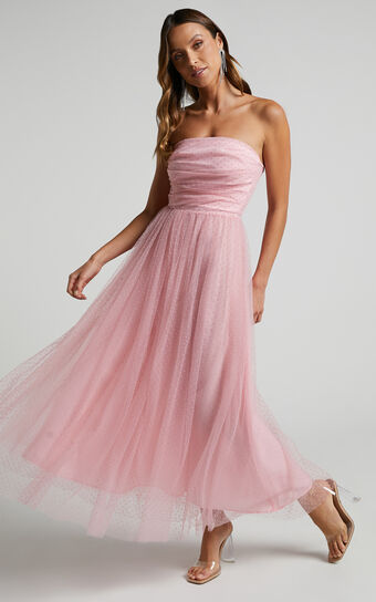 Jesslou Strapless Ruched Bodice Tulle Midi Dress in Pale Pink