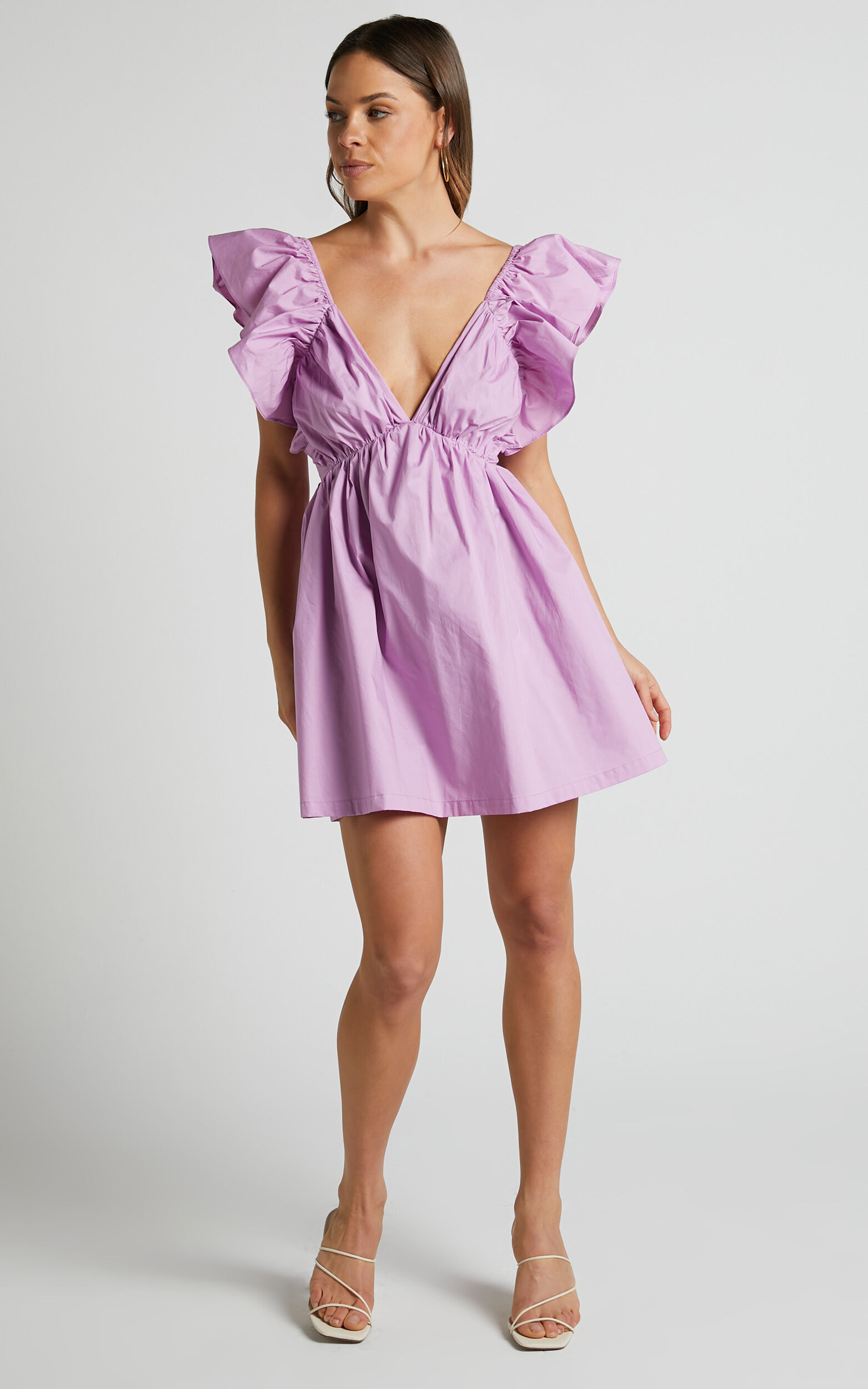 Raiza Mini Dress - Ruffle Sleeve Tie Back Plunge Dress in Lilac