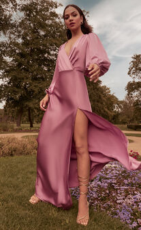 Wellah Maxi Dress - Balloon Sleeve Thigh Split V Neck Satin Dress in Orchid