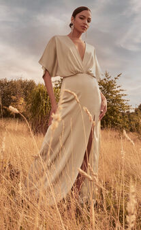Azrael Maxi Dress - Angel Sleeve Thigh Split Plunge Neck Satin Dress in Sage