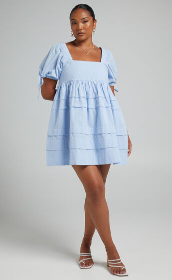Eleua Pin Tuck Short Sleeve Mini Dress in Baby Blue