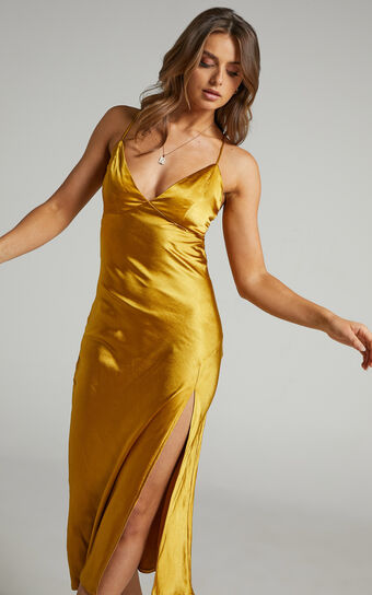 Milabelle Midi Slip Dress in Gold Satin