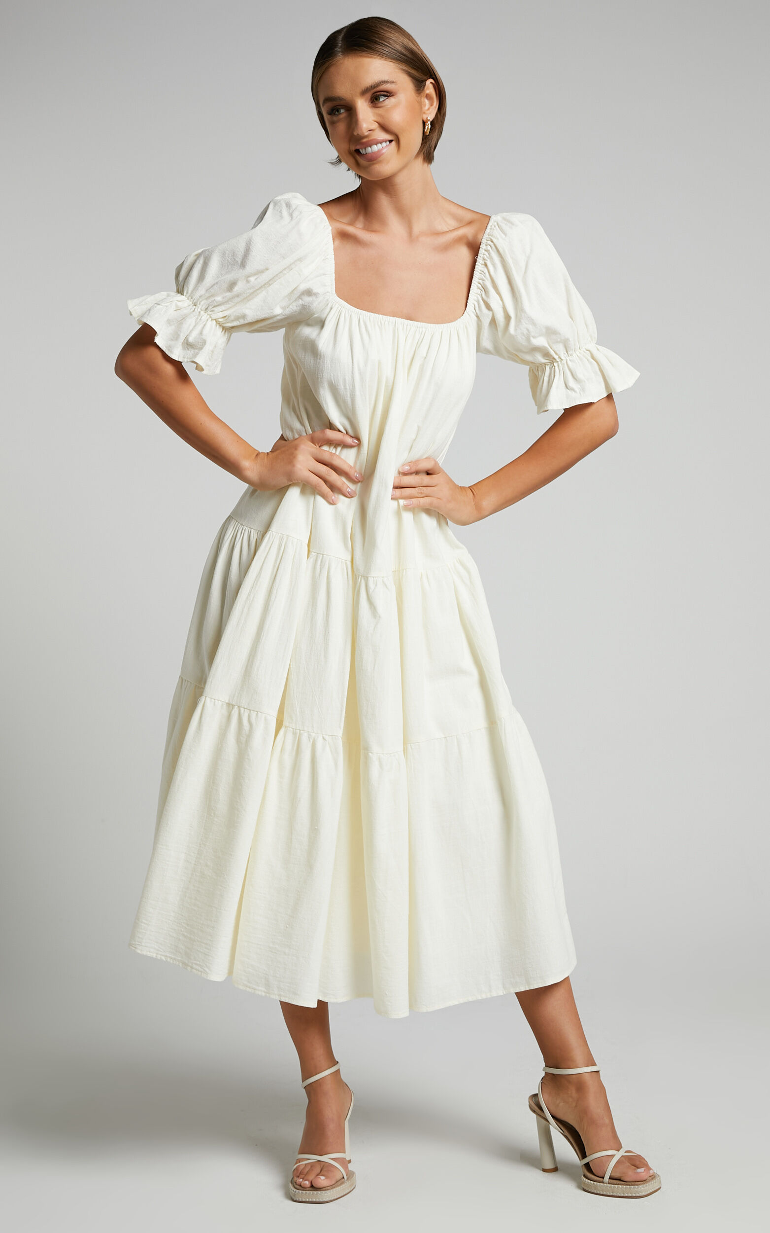Zaharrah Midaxi Dress - Tiered Dress in Cream Linen Look - 06, CRE4