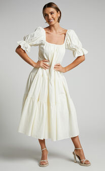 Zaharrah Tiered Midi Dress in Cream Linen Look