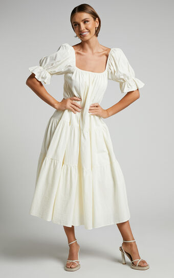Zaharrah Tiered Midi Dress in Cream Linen Look