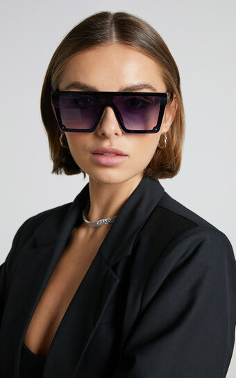 Marizze Sunglasses - Flat Top Square Shield Sunglasses in Bright Black with Gray