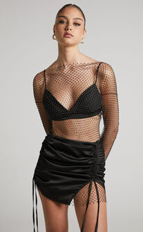 Sharlize Mini Dress - Diamante Mesh Long Sleeve Dress in Black