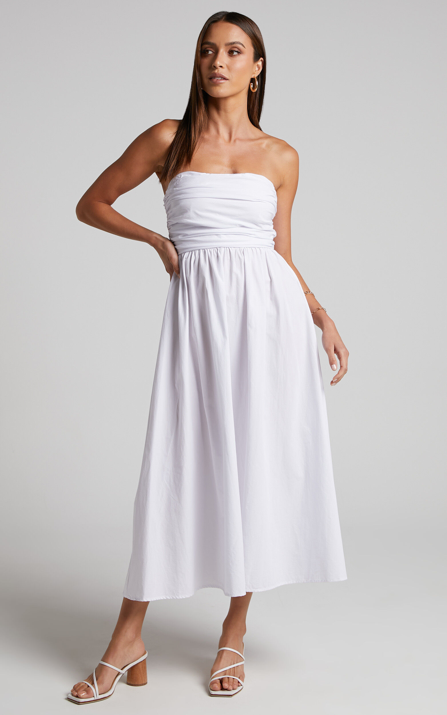 Sula Midi Dress - Ruched Bust Strapless Dress in White - 06, WHT1