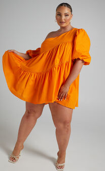 Harleen Mini Dress - Asymmetrical Trim Puff Sleeve Dress in Orange