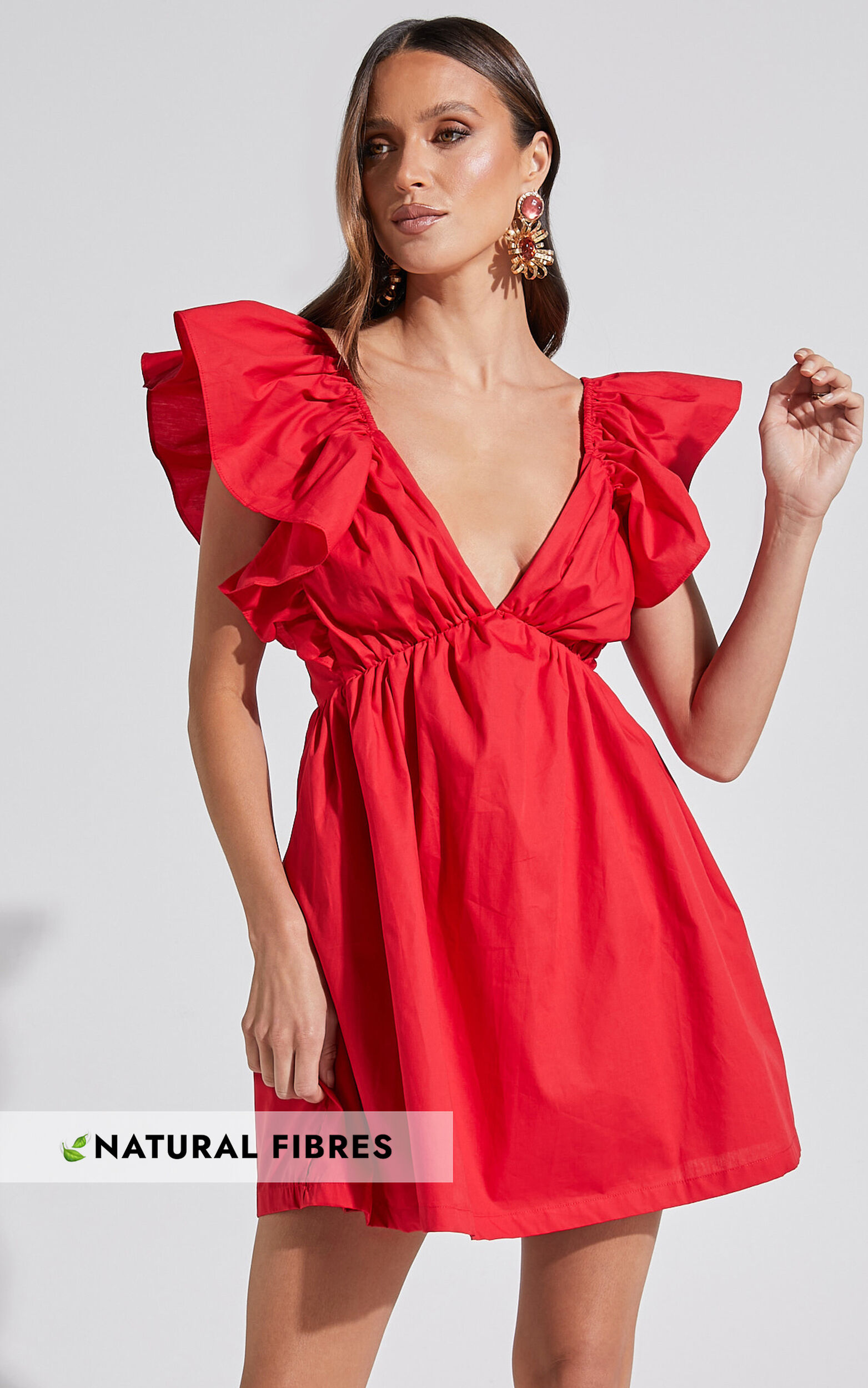 Raiza Mini Dress - Ruffle Sleeve Tie Back Plunge Dress in Red - 04, RED1