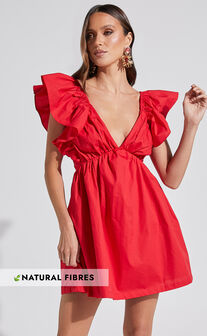 Raiza Mini Dress - Ruffle Sleeve Tie Back Plunge Dress in Red