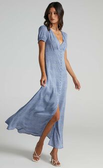 Flaming Hot Button Up V Neck Maxi Dress in Blue Floral
