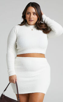 Glydel Fluffy Knit Long Sleeve Crop Top and Mini Skirt Two Piece Set in Winter White