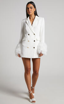 Rhaiza Mini Dress - Faux Feather Trim Double Breasted Blazer Dress in White
